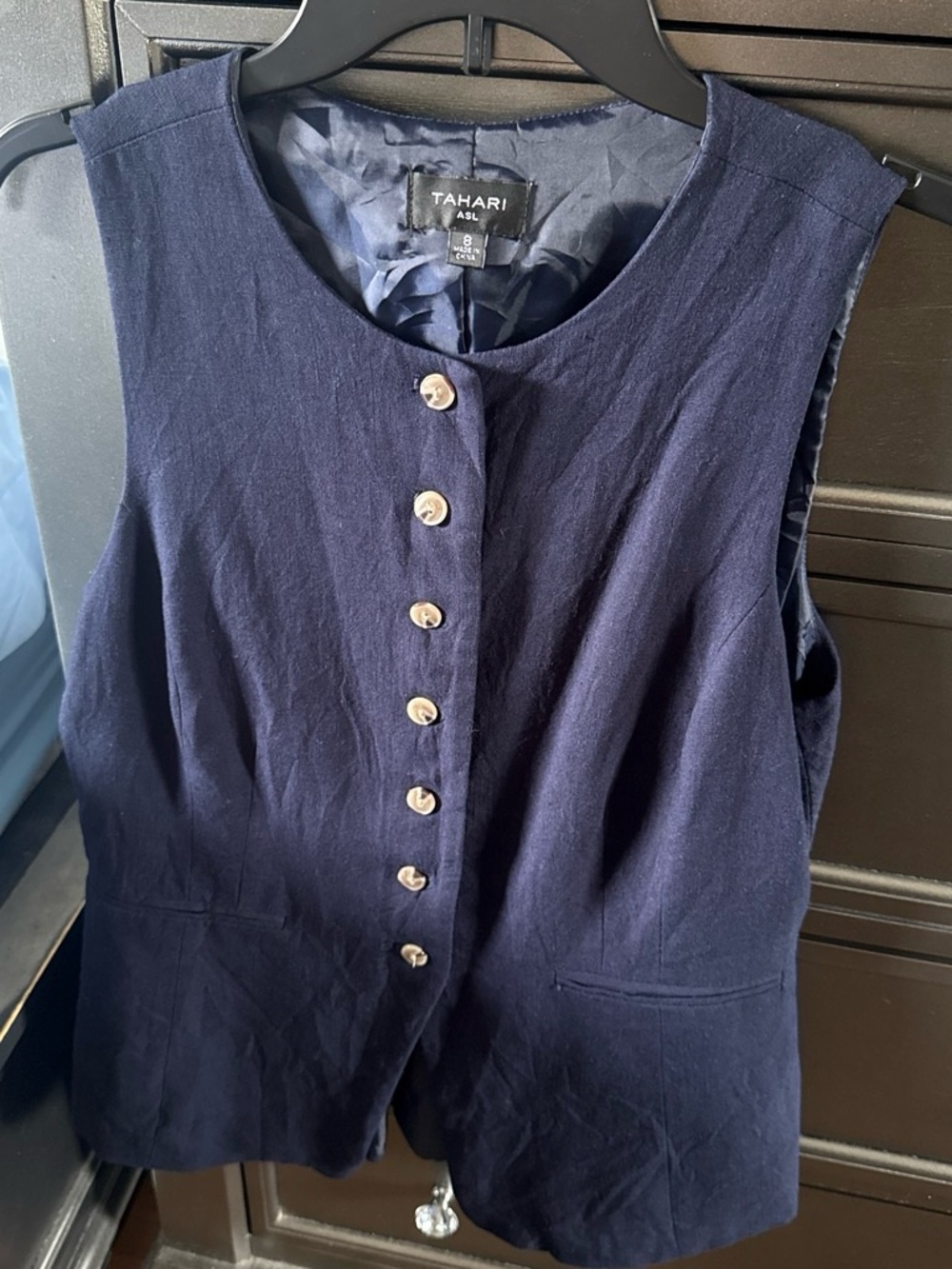 Tahari ASL Navy Button-Front Sleeveless Shell